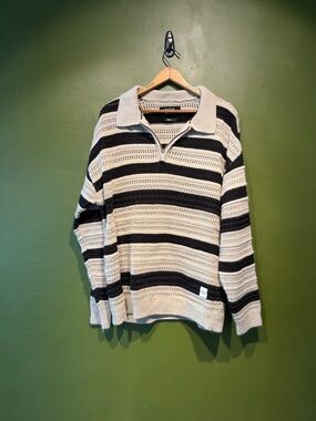 Native Youth Striped Knit Polo Sweater in Cream and Black